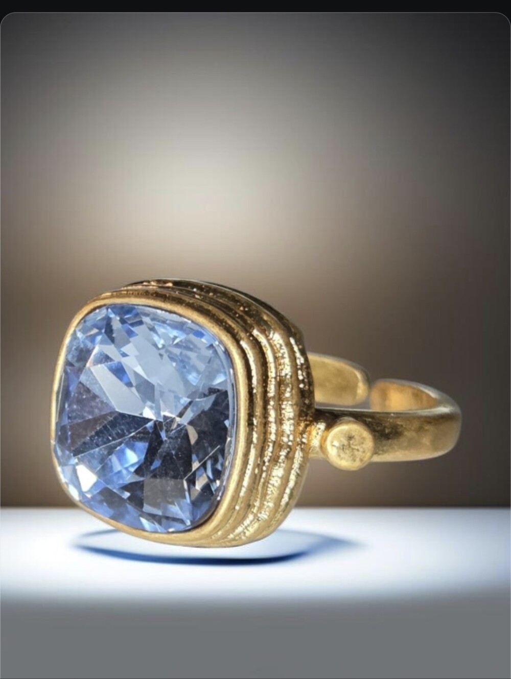 18k Gold Plated Luxury Byzantine Revival Icey Blue Aquamarine Bevel Crystal Ring